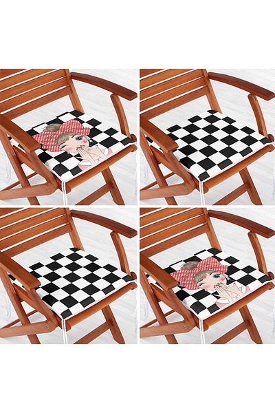 Realhomes 4-Piece Black and White Checkered Girl Motif Zippered Chair Cushion Set