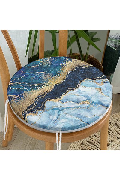 Realhomes Modern Round Zippered Chair Cushion with Gold Leaf Blue Background