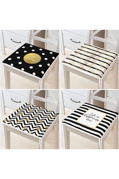 Realhomes Set of 4 Gold Written Geometric Patterned Zippered Chair Cushions