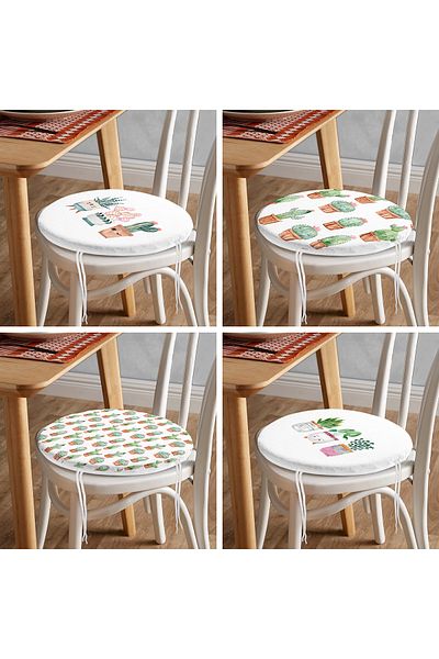 Realhomes 4-Piece Minimal Cactus Design Digital Printed Round Zippered Chair Cushion Set