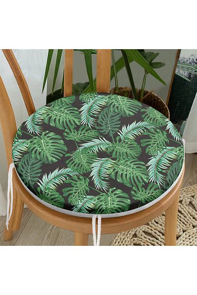 Realhomes Digital Printed Modern Round Zippered Chair Cushion with Green Leaf Pattern on Black Background