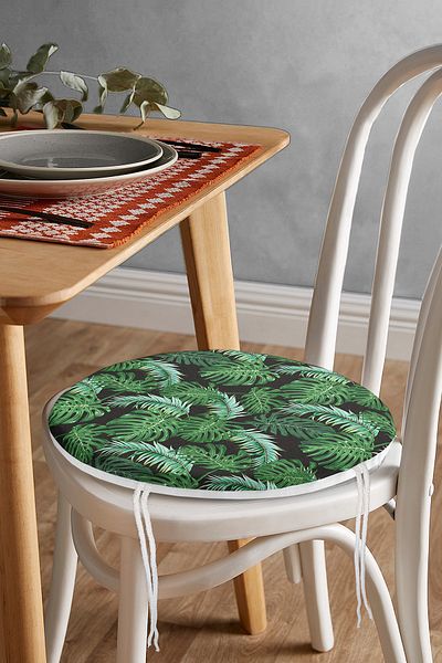 Realhomes Digital Printed Modern Round Zippered Chair Cushion with Green Leaf Pattern on Black Background