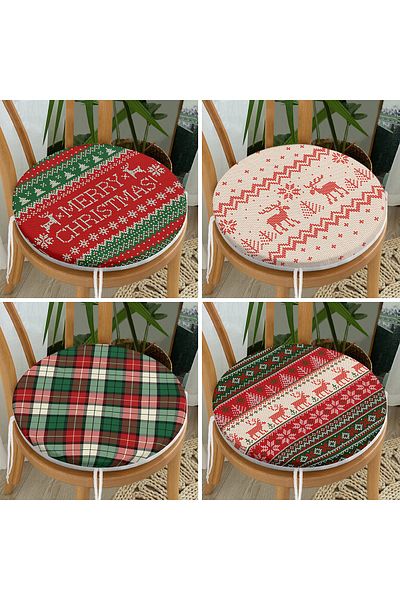 Realhomes Set of 4 Red Green Tones Deer and Plaid Themed Round Zippered Chair Cushions