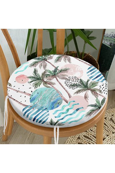 Realhomes Palm Tree Patterned Planet Digital Printed Round Zippered Chair Cushion