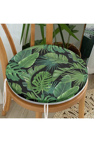 Realhomes Digital Printed Modern Round Zippered Chair Cushion with Green Leaf Pattern on Black Background