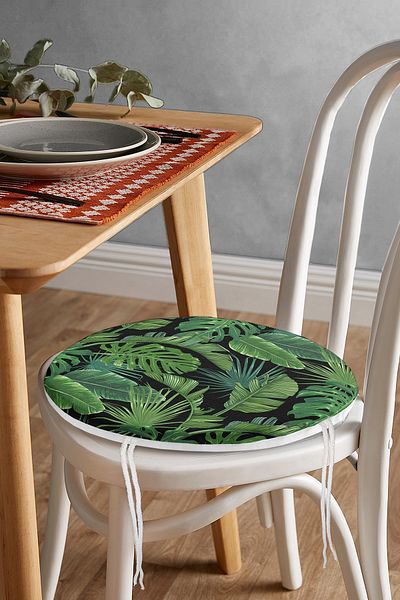Realhomes Digital Printed Modern Round Zippered Chair Cushion with Green Leaf Pattern on Black Background
