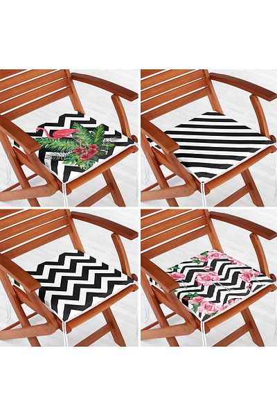 Realhomes Set of 4 Flamingo and Black and White Geometric Patterned Zippered Chair Cushions