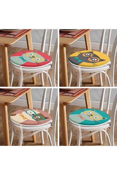 Realhomes Set of 4 Colorful Cute Kitten Printed Round Zippered Chair Cushions