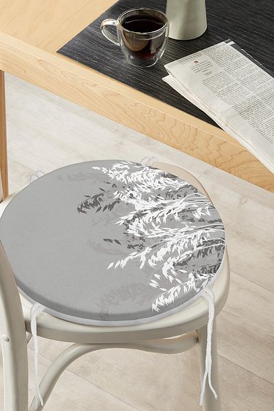 Realhomes Special Design Round Zippered Chair Cushion with White Flower Motif on Gray Background