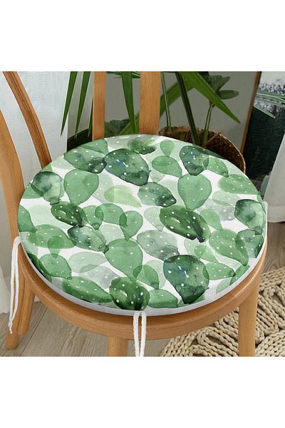 Realhomes Digital Printed Round Zippered Chair Cushion with Watercolor Cactus Design