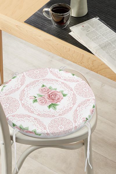 Realhomes Indian Motif Rose Patterned Digital Printed Round Zippered Chair Cushion