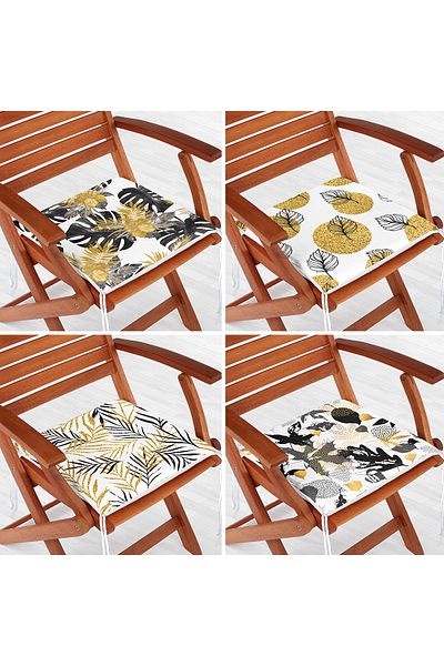 Realhomes 4-Piece Gold Detailed Leaf Patterned Modern Zippered Chair Cushion Set on White Background