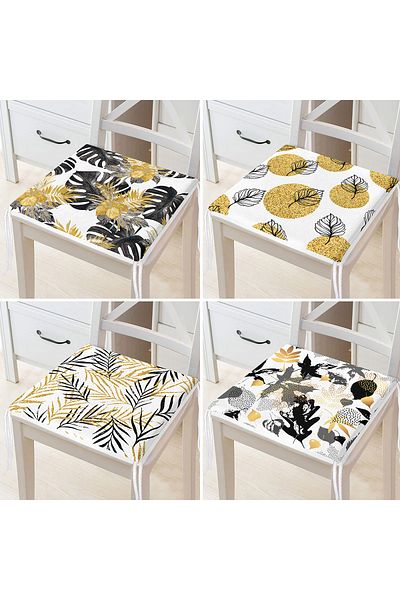 Realhomes 4-Piece Gold Detailed Leaf Patterned Modern Zippered Chair Cushion Set on White Background