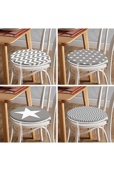 Realhomes Set of 4 Gray Zigzag and Star Motif Round Zippered Chair Cushions