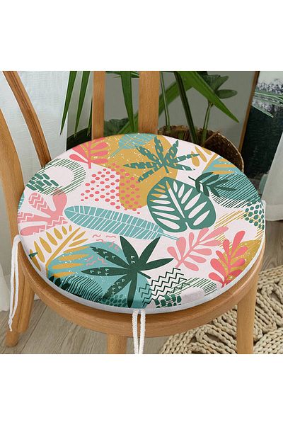 Realhomes Abstract Colorful Leaf Motif Digital Printed Modern Round Zippered Chair Cushion