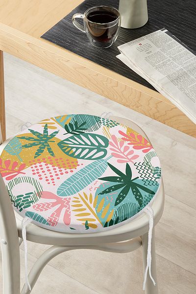 Realhomes Abstract Colorful Leaf Motif Digital Printed Modern Round Zippered Chair Cushion