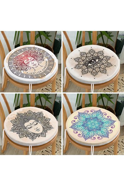 Realhomes Set of 4 Medusa Gorgon Special Design Digital Printed Round Zippered Chair Cushions