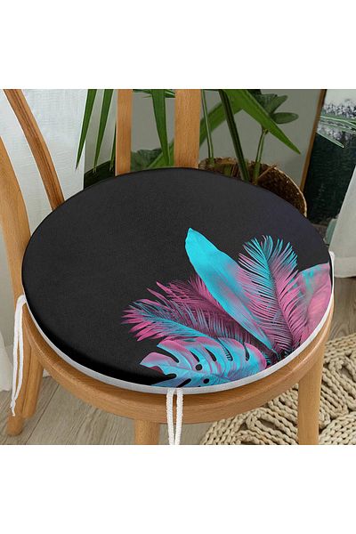 Realhomes Special Design Modern Round Zippered Chair Cushion with Black Background and Tropical Leaves