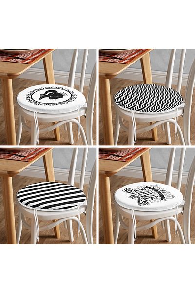 Realhomes Set of 4 Black and White Colored Decorative Round Zippered Chair Cushions