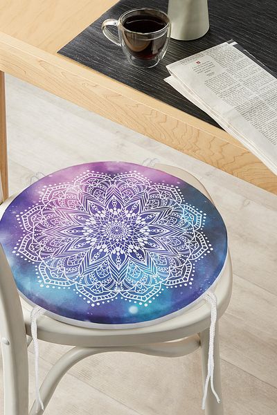Realhomes Round Zippered Chair Cushion with White Mandala Drawing on Rainbow Background