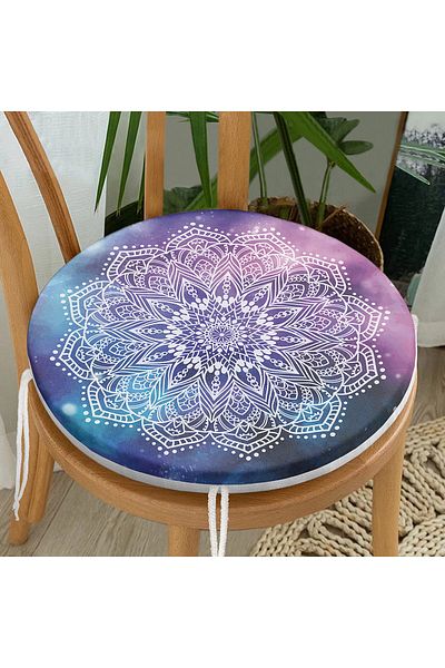 Realhomes Round Zippered Chair Cushion with White Mandala Drawing on Rainbow Background