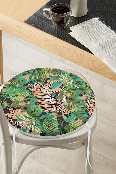 Realhomes Camouflage Tiger Pattern Digital Printed Modern Round Zippered Chair Cushion