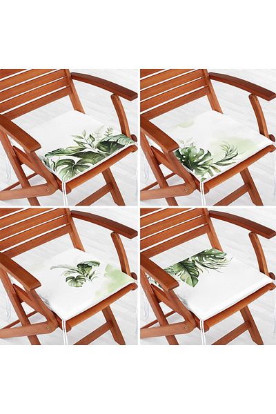 Realhomes Set of 4 White Floor Green Tropical Leaf Motif Digital Printed Modern Zippered Chair Cushions
