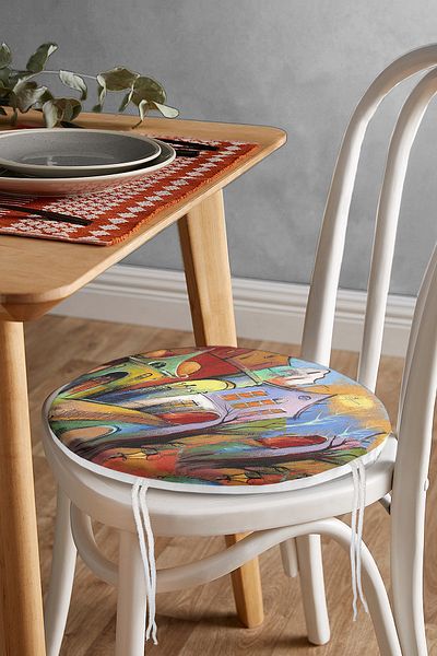 Realhomes Colorful Watercolor Illustrated Night Stand Houses Motif Round Zippered Chair Cushion