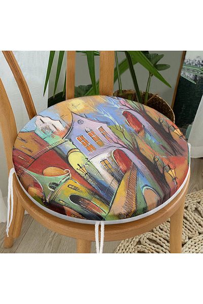 Realhomes Colorful Watercolor Illustrated Night Stand Houses Motif Round Zippered Chair Cushion