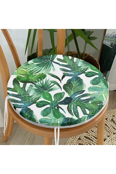 Realhomes Watercolor Tropical Leaves Patterned Special Design Round Zippered Chair Cushion