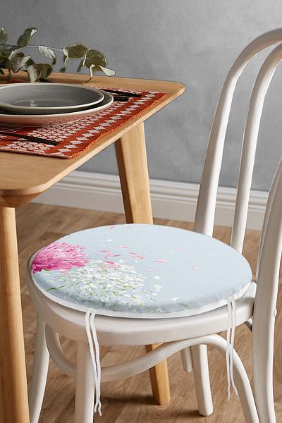 Realhomes Fuchsia White Hydrangea Flower Digital Printed Round Zippered Chair Cushion on Blue Background