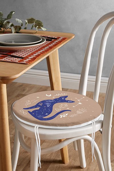 Realhomes Blue Cat Patterned Special Design Round Zippered Chair Cushion with Khaki Background