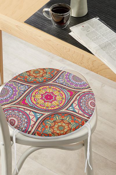 Realhomes Spiral Circle Patterned Tile Motif Digital Printed Round Zippered Chair Cushion
