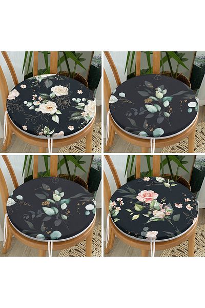 Realhomes 4-Piece Modern Round Zippered Chair Cushion Set with Flower Pattern on Black Floor