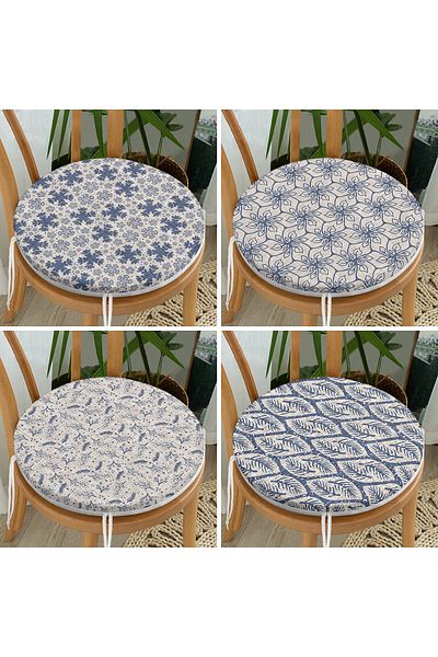 Realhomes 4-Piece Modern Decorative Round Zippered Chair Cushion Set with Crystal and Leaf Motifs on Denim Floor