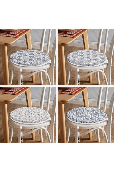 Realhomes 4-Piece Modern Decorative Round Zippered Chair Cushion Set with Crystal and Leaf Motifs on Denim Floor
