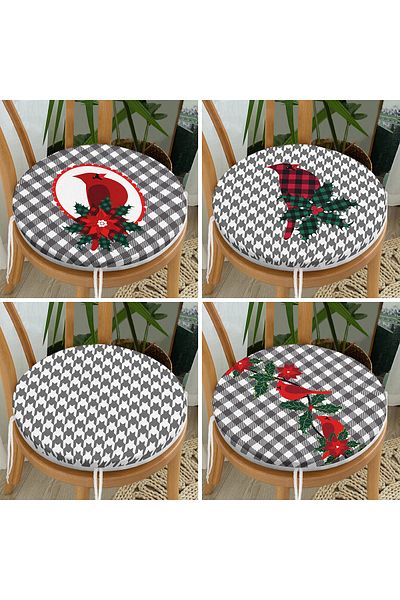 Realhomes 4-Piece Gray Plaid Floor Bird Design Digital Printed Modern Round Zippered Chair Cushion Set