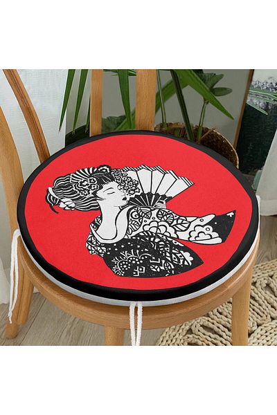 Realhomes Round Zippered Chair Cushion with Gray Japanese Girl Motif on Black and Red Background