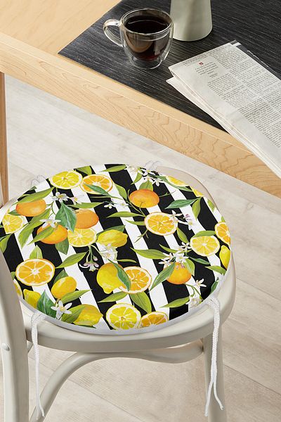 Realhomes Lemon Patterned Round Zippered Chair Cushion with Striped Black Background