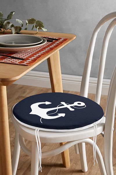 Realhomes Dark Blue Floored Anchor Patterned Digital Printed Modern Round Zippered Chair Cushion