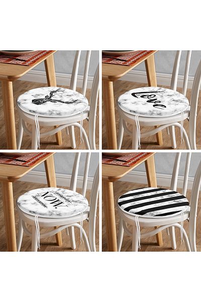Realhomes Set of 4 Digital Printed Round Zippered Chair Cushions with Marble Floor Design