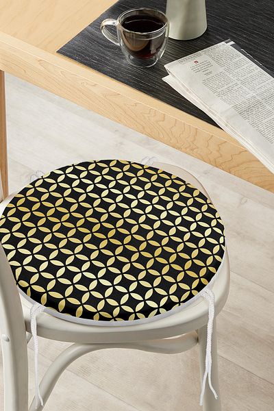 Realhomes Gold Geometric Patterned Round Zippered Chair Cushion on Black Background