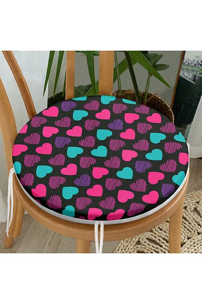 Realhomes Modern Round Zippered Chair Cushion with Hearts on Black Floor Special Design