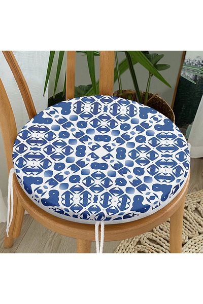 Realhomes Digital Printed Modern Round Zippered Chair Cushion with Tile Pattern on White Background