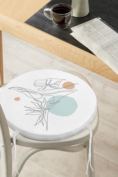 Realhomes Round Zippered Chair Cushion with Drawing Floral Design on White Background