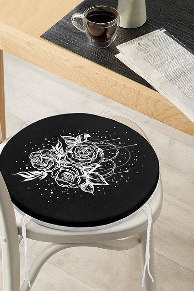 Realhomes Rose on Black Floor Digital Printed Modern Round Zippered Chair Cushion