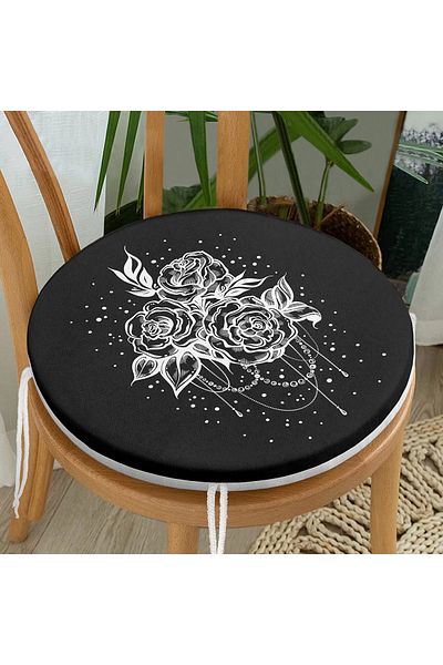Realhomes Rose on Black Floor Digital Printed Modern Round Zippered Chair Cushion