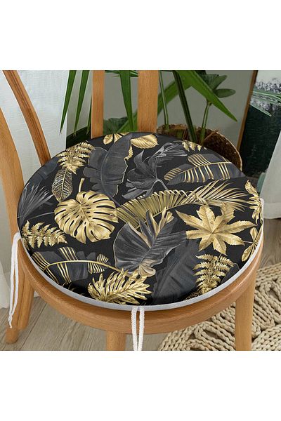 Realhomes Round Zippered Chair Cushion with Gold Leaves Pattern on Black Background