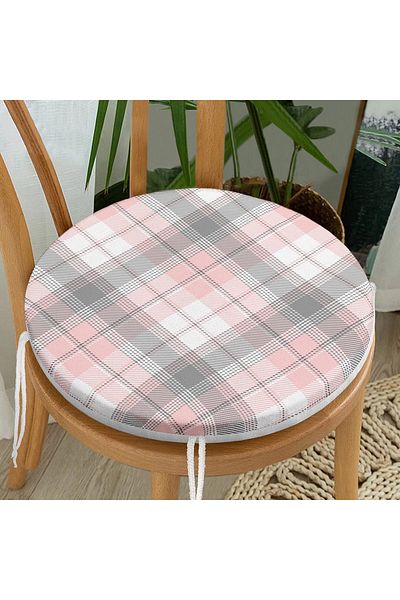 Realhomes Pink Gray Plaid Patterned Round Zippered Chair Cushion