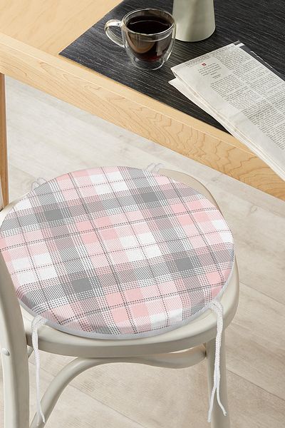Realhomes Pink Gray Plaid Patterned Round Zippered Chair Cushion